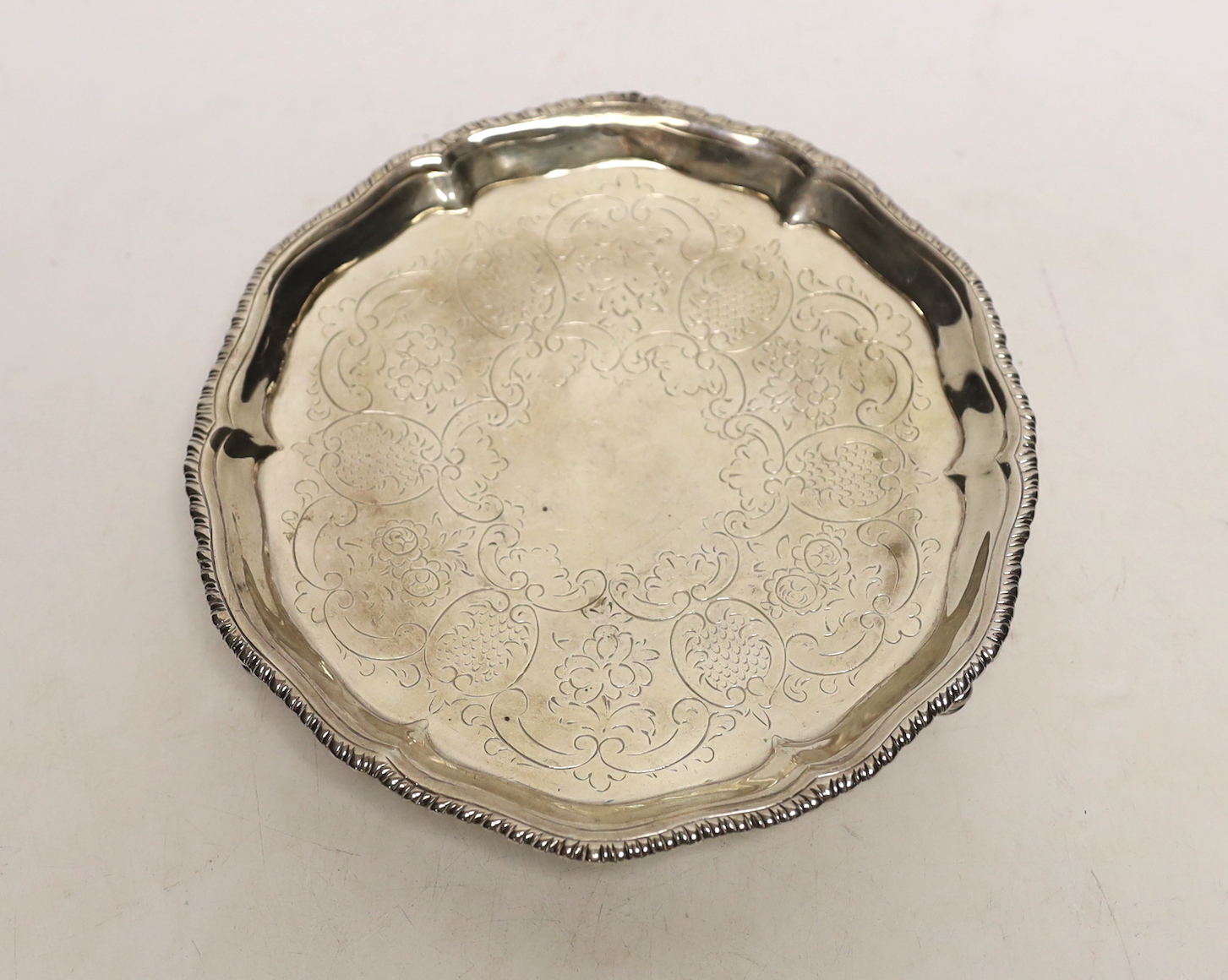 An early George III silver waiter, with later engraved decoration, ?R, London, 1768, 17cm, 7oz.